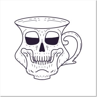 Grinning Skull Coffee Cup - Death before decaf - Tea Mug - hot drink black and white line drawing Posters and Art